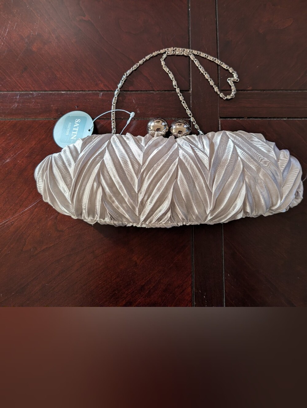 Sean Collection Silver Satin Pleated Evening Clutch with Chain Strap